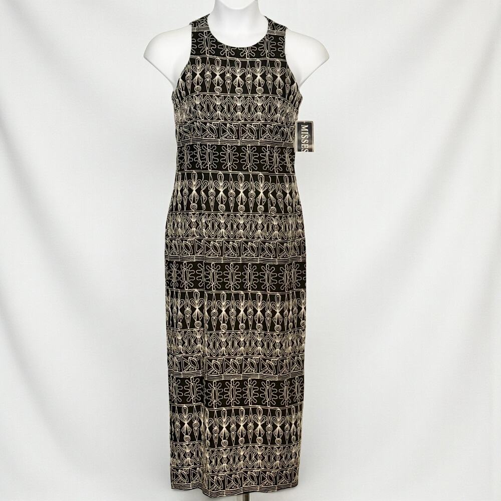 Vintage 80s JBS Embroidered Maxi Dress Black White Geometric Lined Sz 8 NWT NOS